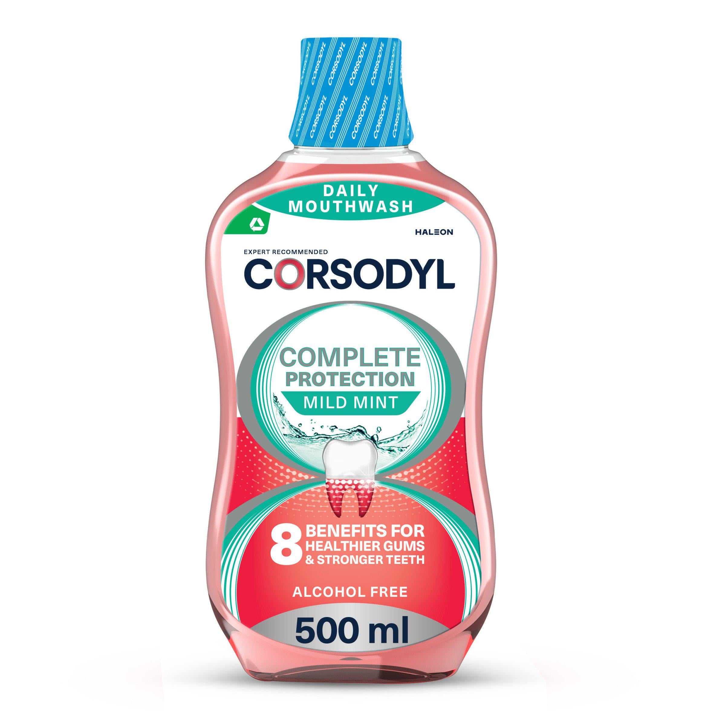 Corsodyl Complete Protection mouthwash mild mint 500ml, imported from the UK