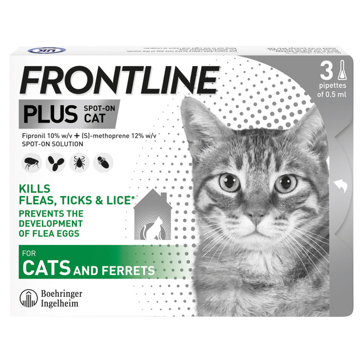 Frontline Plus cat flea treatment 3 doses (British brand)