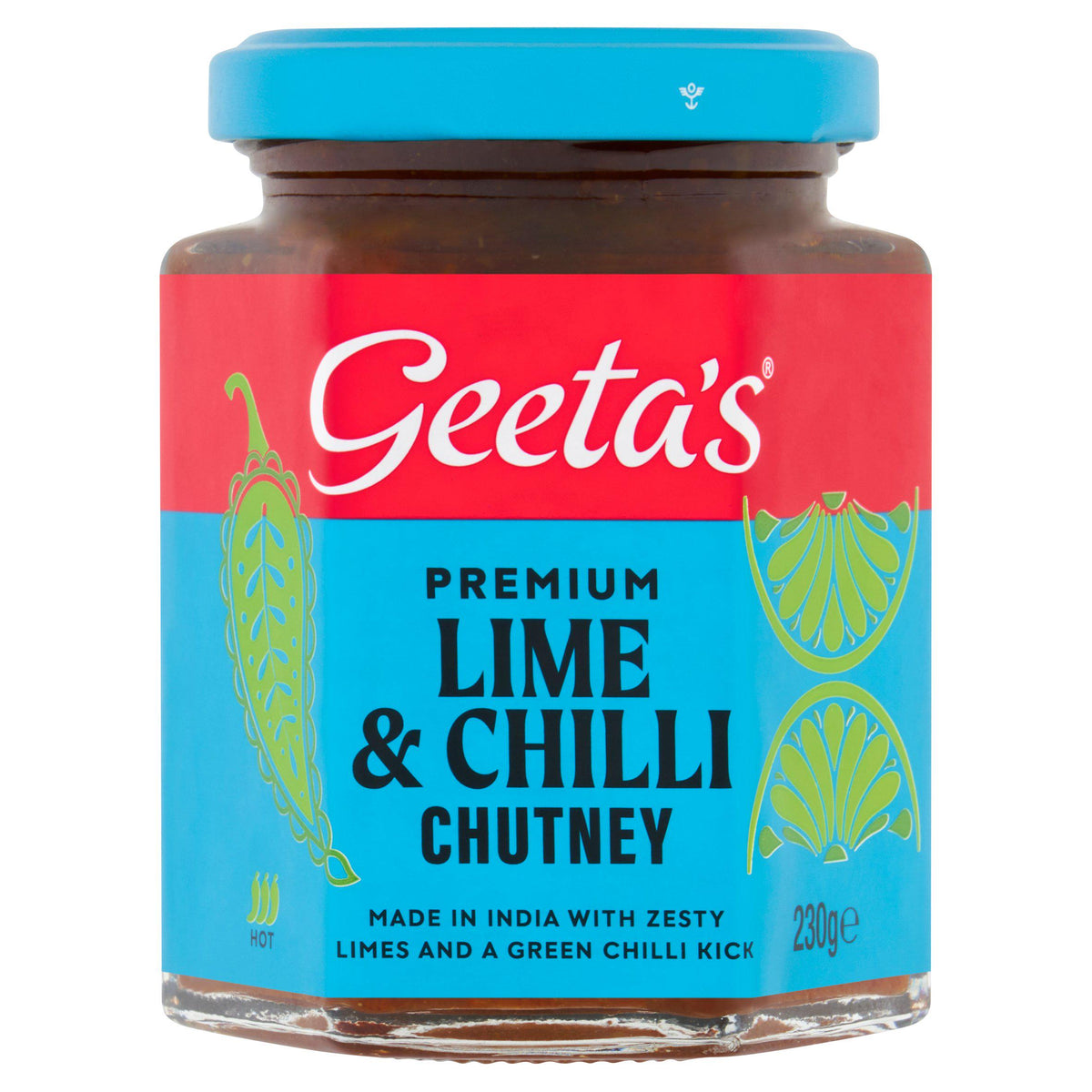 Geeta's Lime & Chilli Chutney hot 230g, imported from the UK