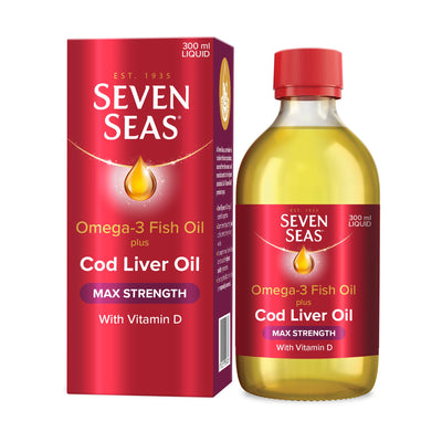 Sainsburys Seven Seas Omega 3 Fish Oil Plus Cod Liver Oil Maximum Strength Liquid Supplement 300ml- Buy online at McGrocer