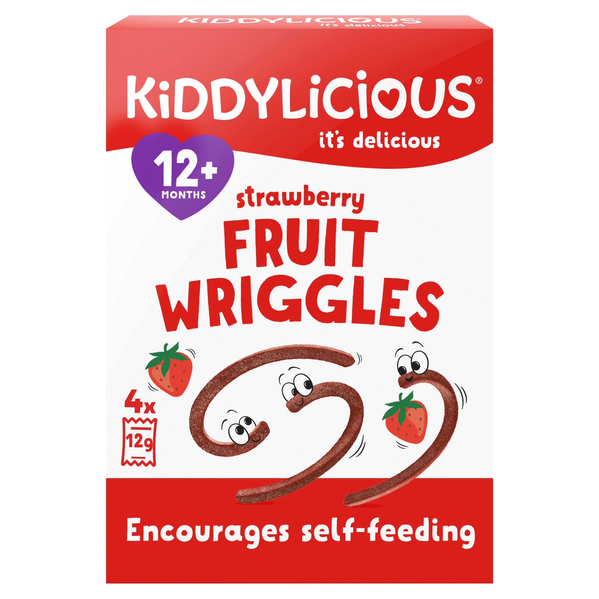 Kiddylicious strawberry wriggles baby snacks 4x12g, imported from the UK