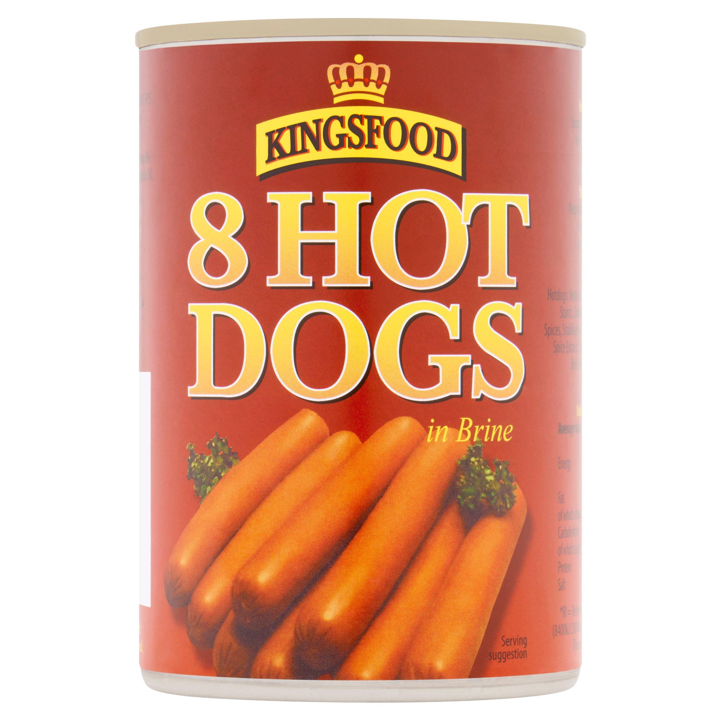 Kingsfood hot dog sausages in can 400g, British brand