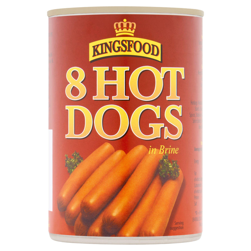 Kingsfood hot dog sausages in can 400g, British brand