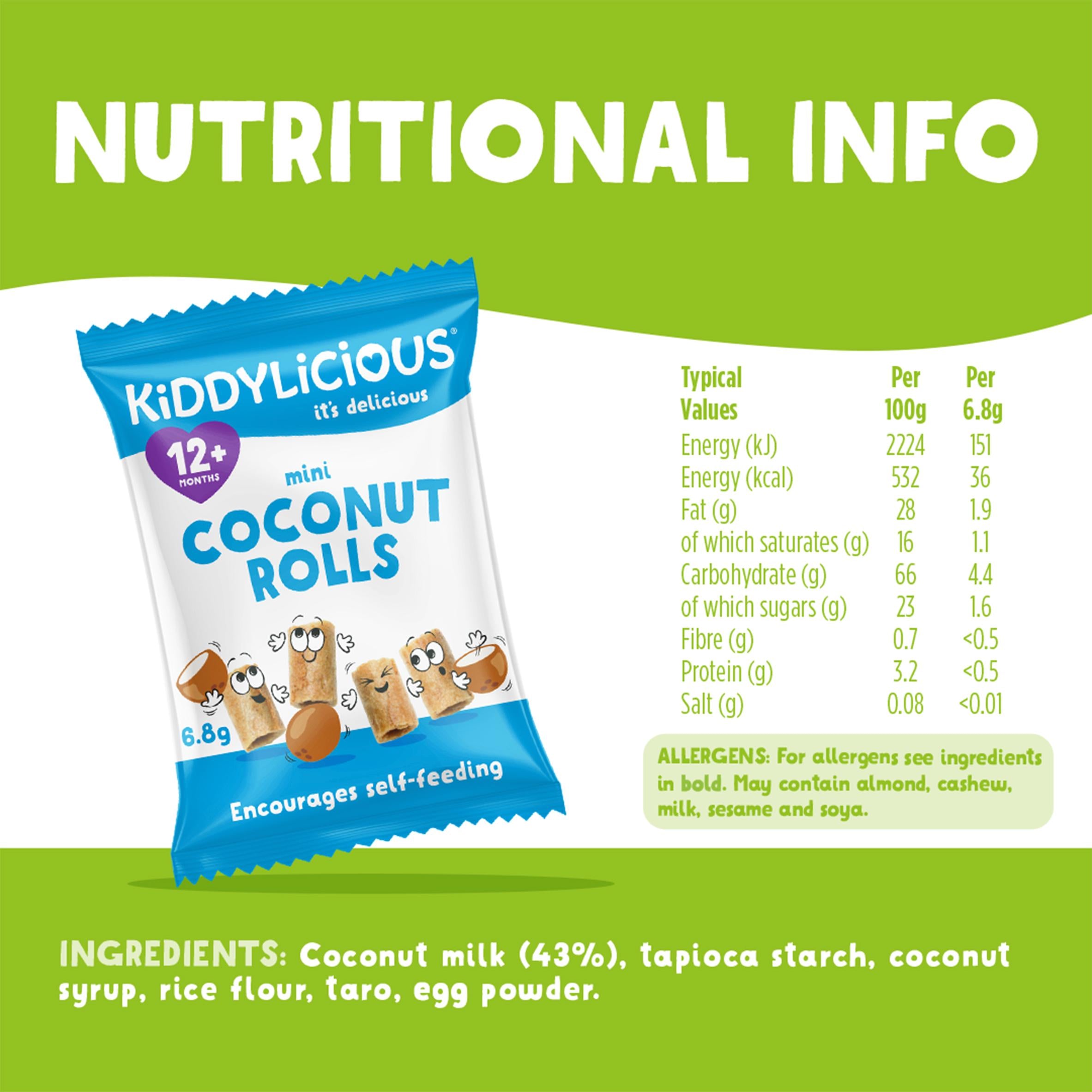 Kiddylicious mini coconut rolls baby snack 8x7g, imported from the UK