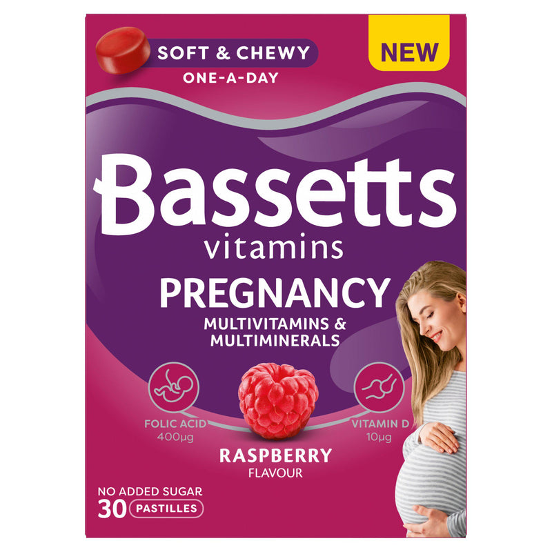 Bassetts pregnancy multivitamins raspberry flavour 30 pastilles, imported from the UK
