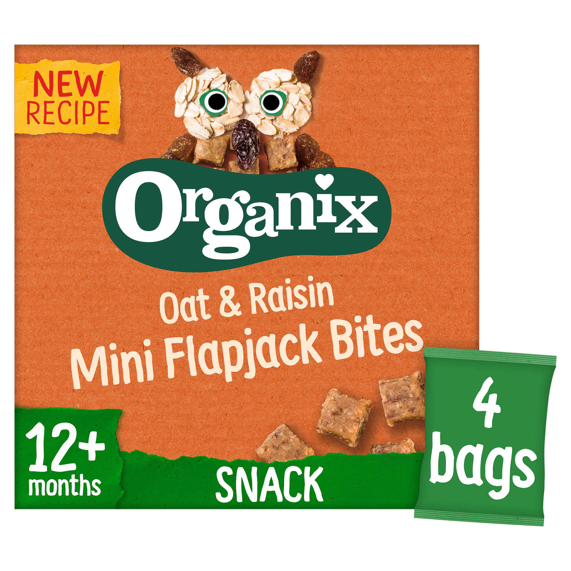 Organix mini flapjack bites oat & raisin 4x20g, imported from the UK