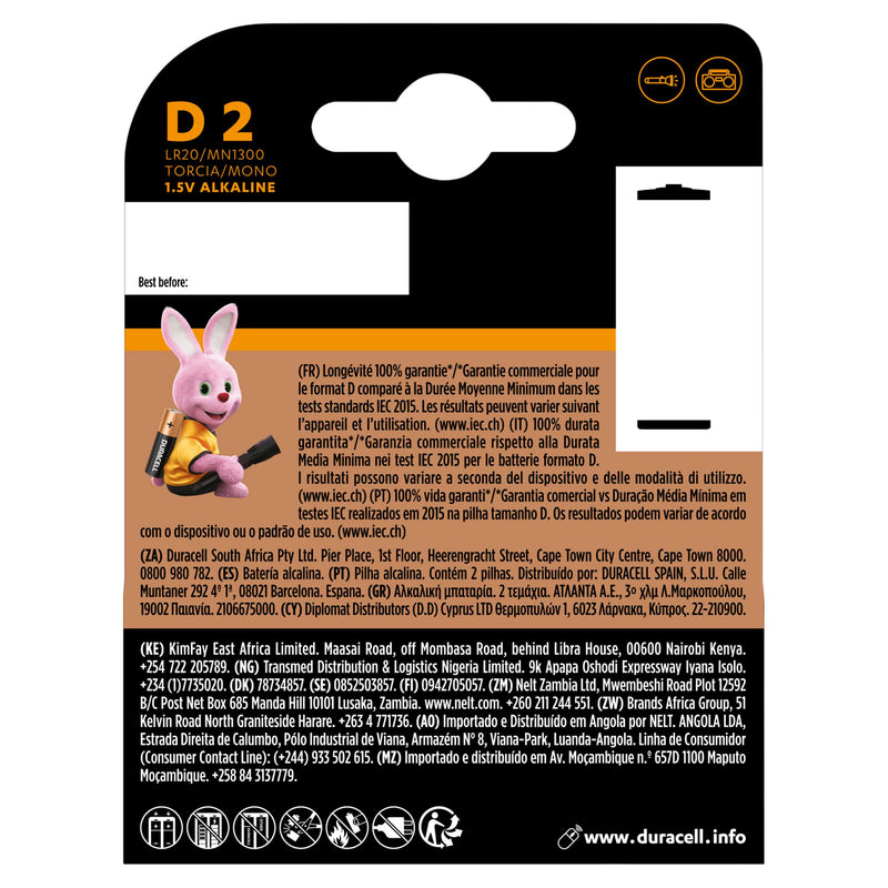 Duracell Plus D alkaline batteries pack of 2 (British brand)