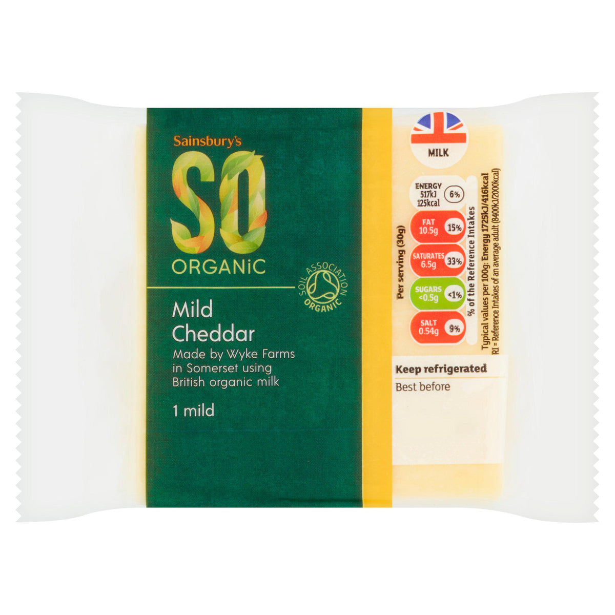 Sainsbury's organic mild cheddar cheese 270g, imported from the UK