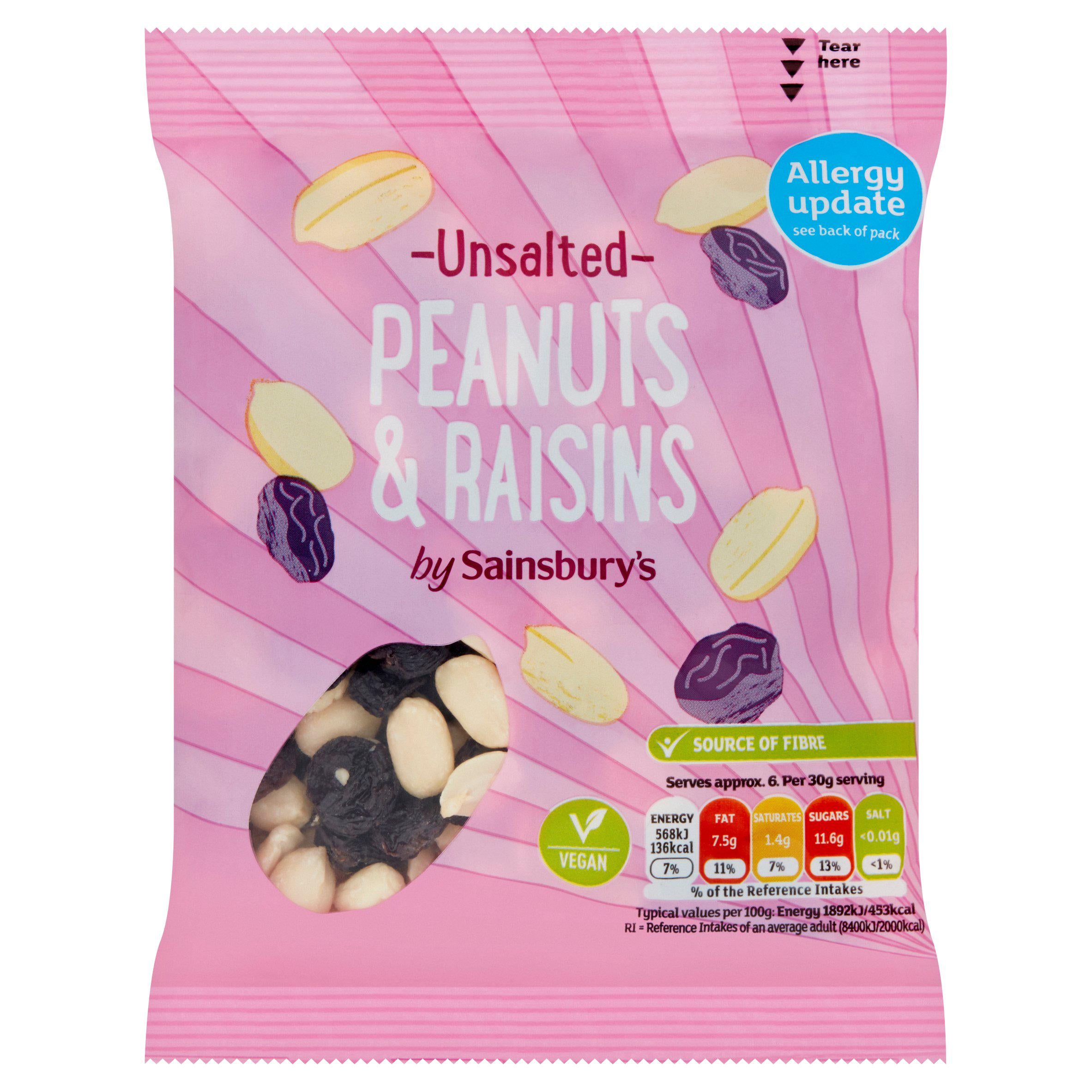 Sainsbury's unsalted jumbo peanuts and raisins snack mix 200g, UK version