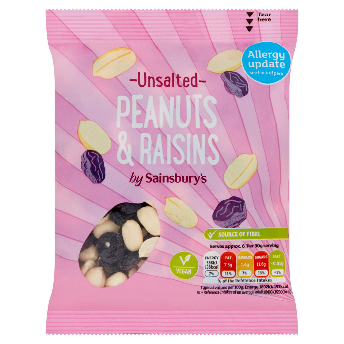 Sainsbury's unsalted jumbo peanuts and raisins snack mix 200g, UK version