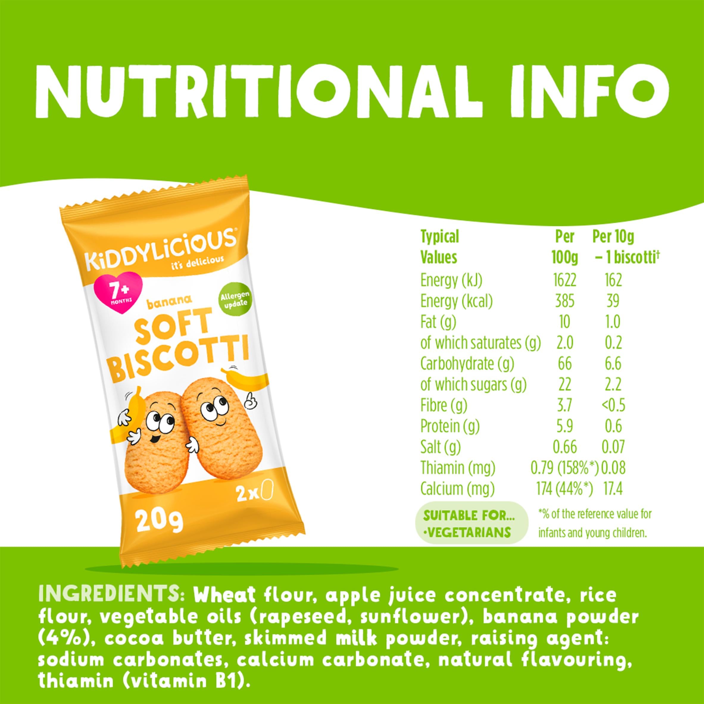 Kiddylicious banana soft biscotti baby snacks 6x20g, imported from the UK