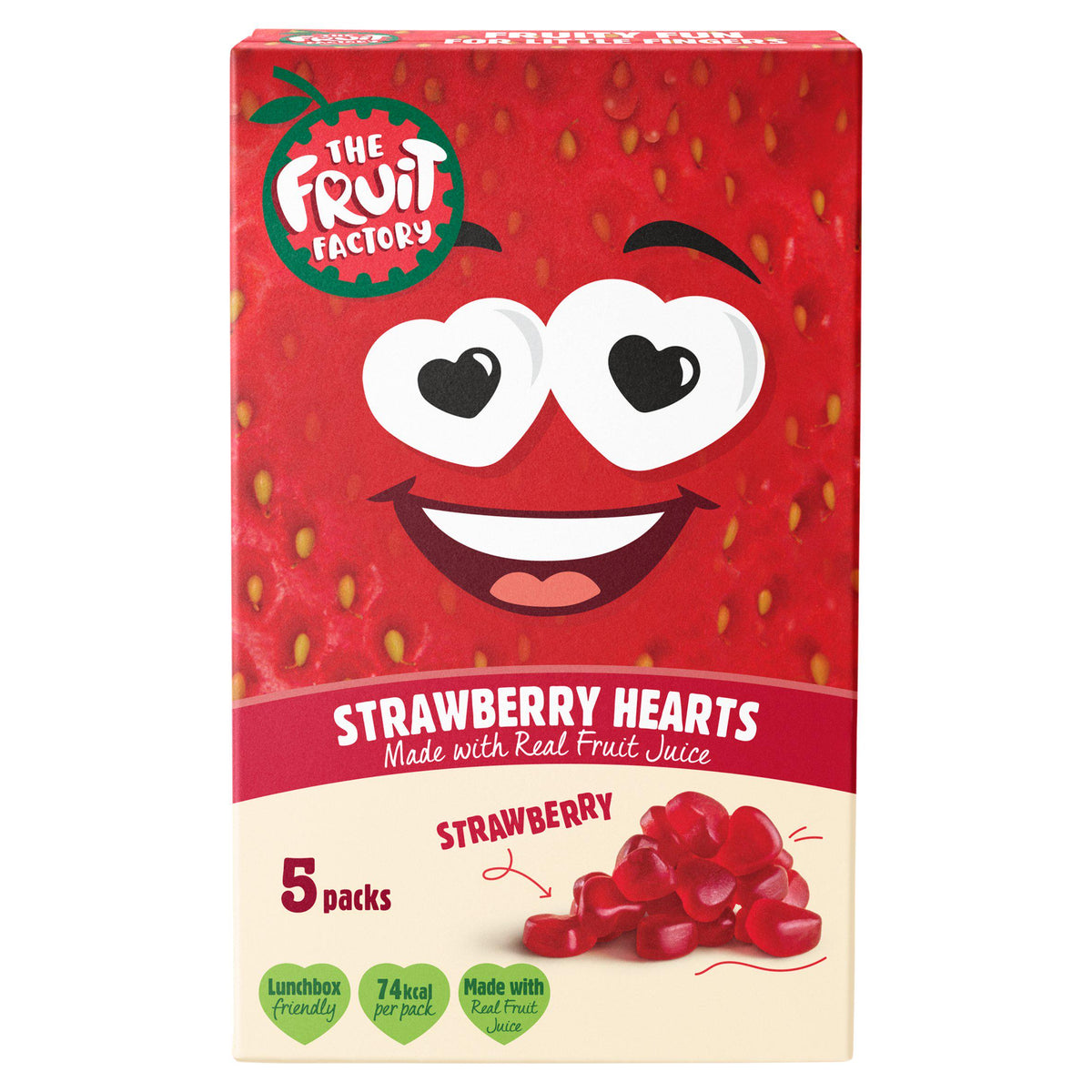 The Fruit Factory Strawberry Fruit Hearts fruit gummies 5x20g, imported from the UK