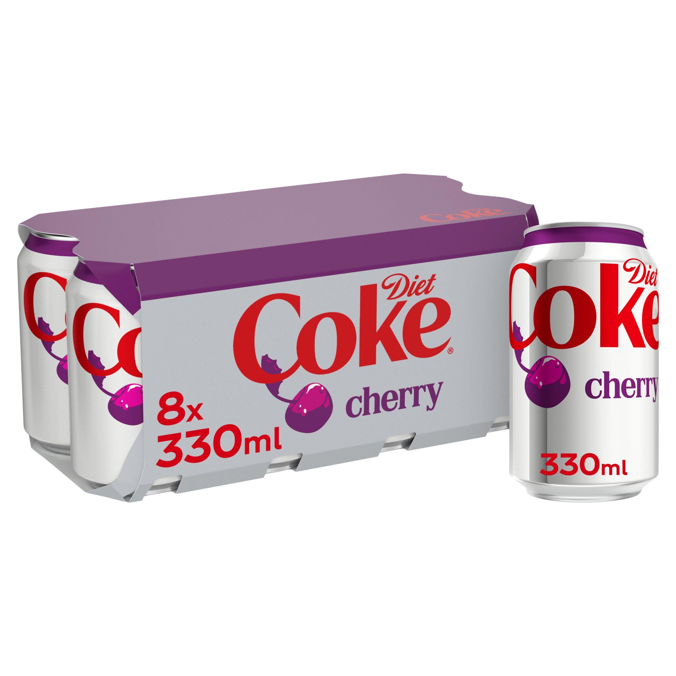 Diet Coke cherry cola no sugar 8x330ml cans, UK version