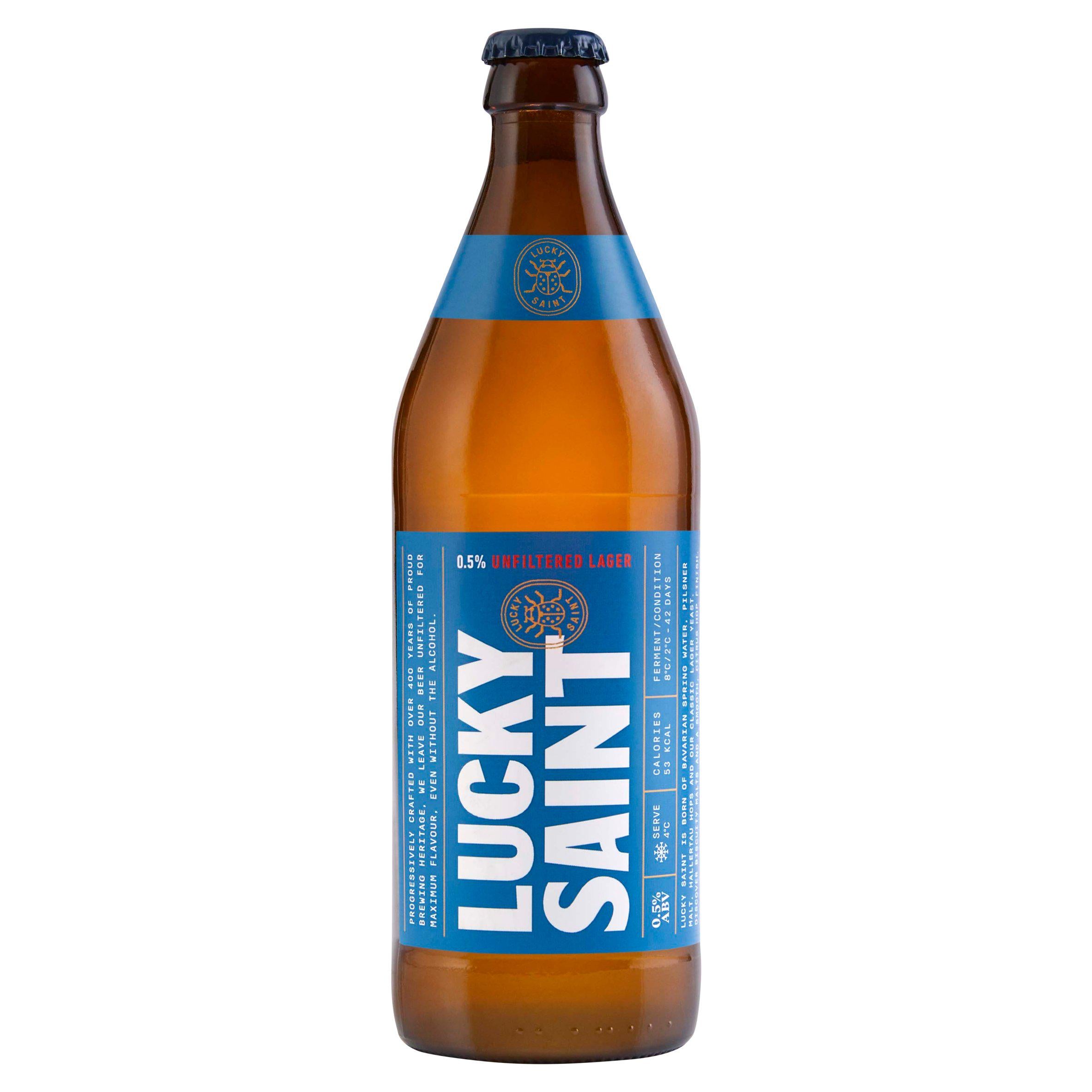 Lucky Saint unfiltered lager 500ml, imported from the UK