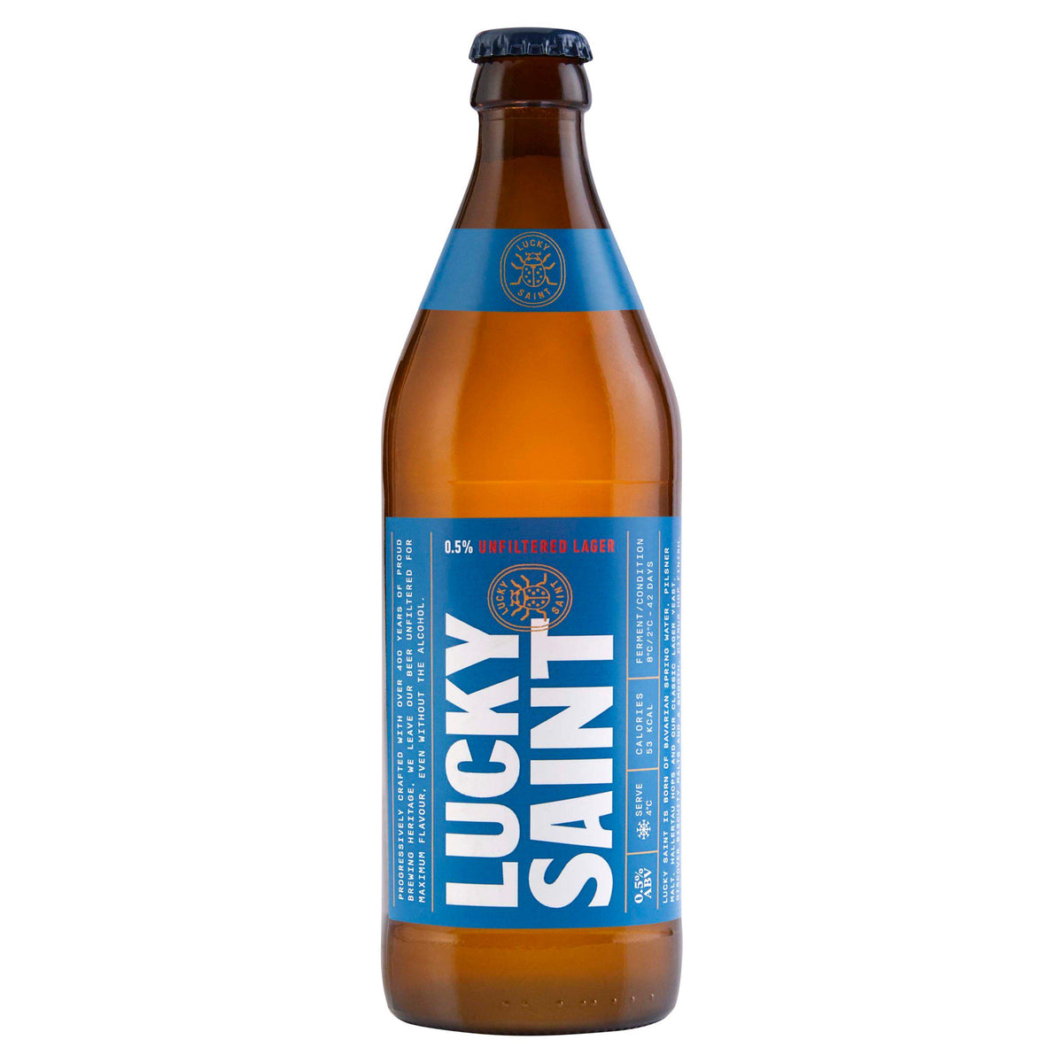 Lucky Saint unfiltered lager 500ml, imported from the UK