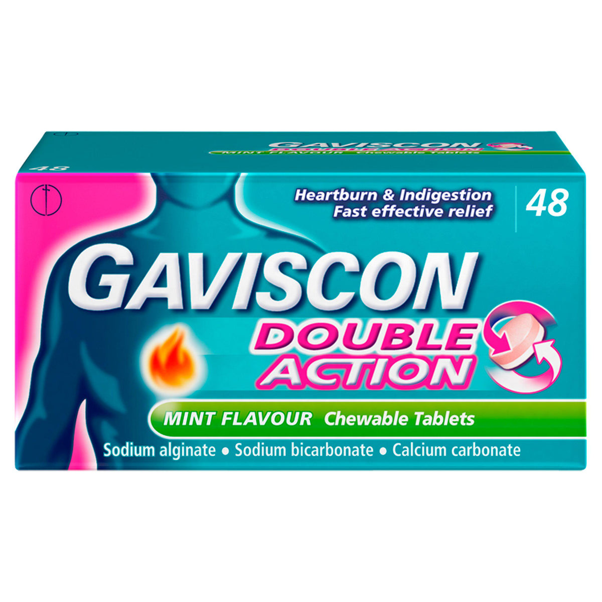 Gaviscon Double Action heartburn relief mint tablets 48 pack, imported from the UK