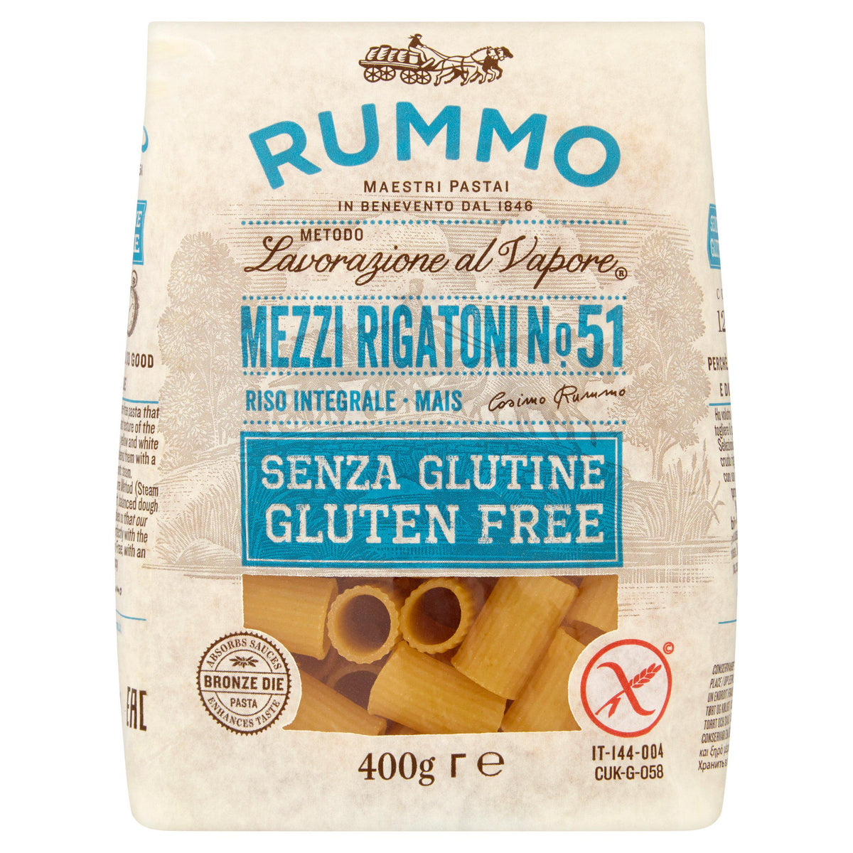 Gluten Free Mezzi Rigatoni Pasta 400g Made with Rice and Corn