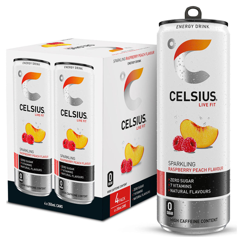 Celsius Raspberry Peach energy drink 4-pack, UK version