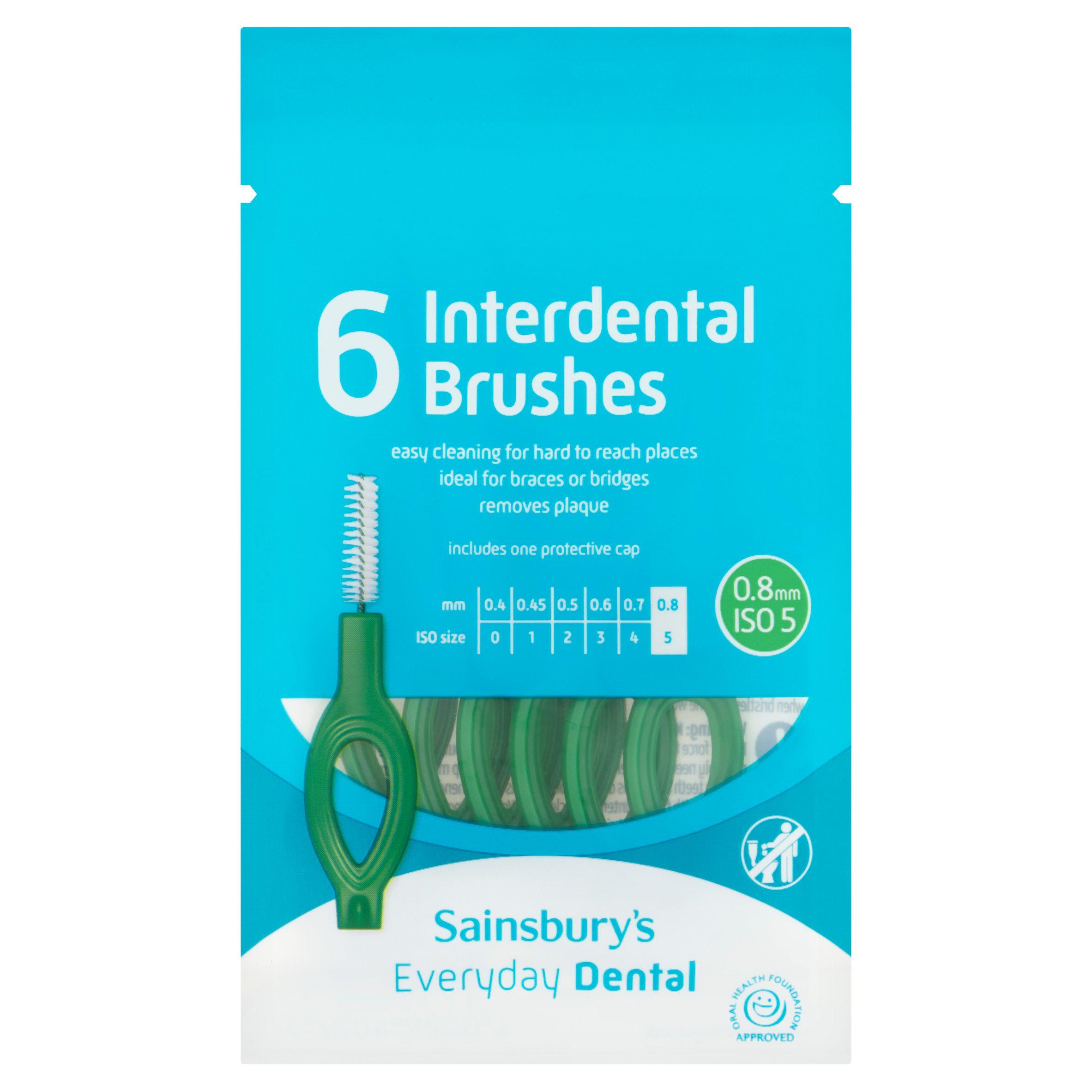 Sainsbury's interdental brush 0.8mm green pack of 6, imported from the UK