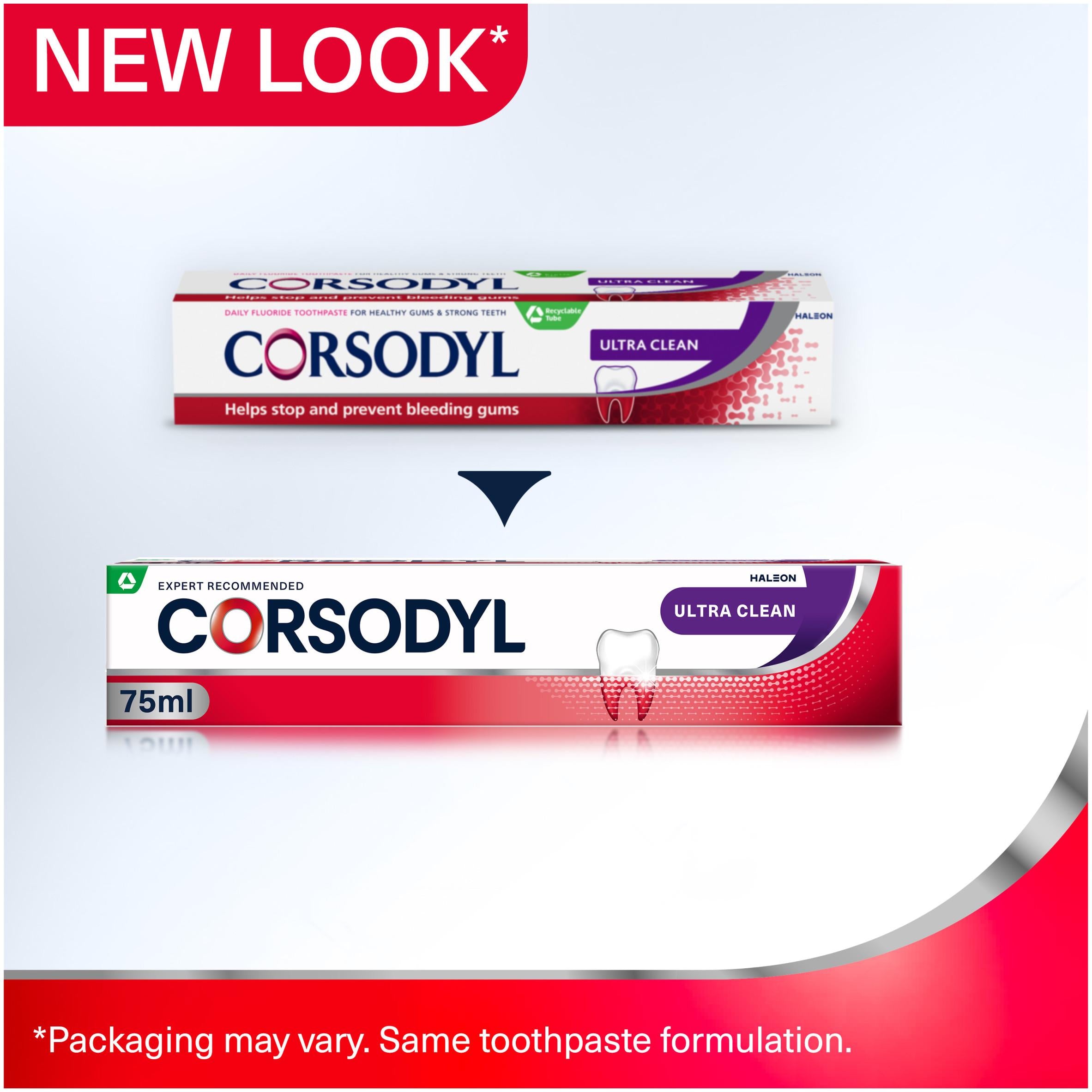 Corsodyl Ultra Clean gum care toothpaste 75ml, UK version
