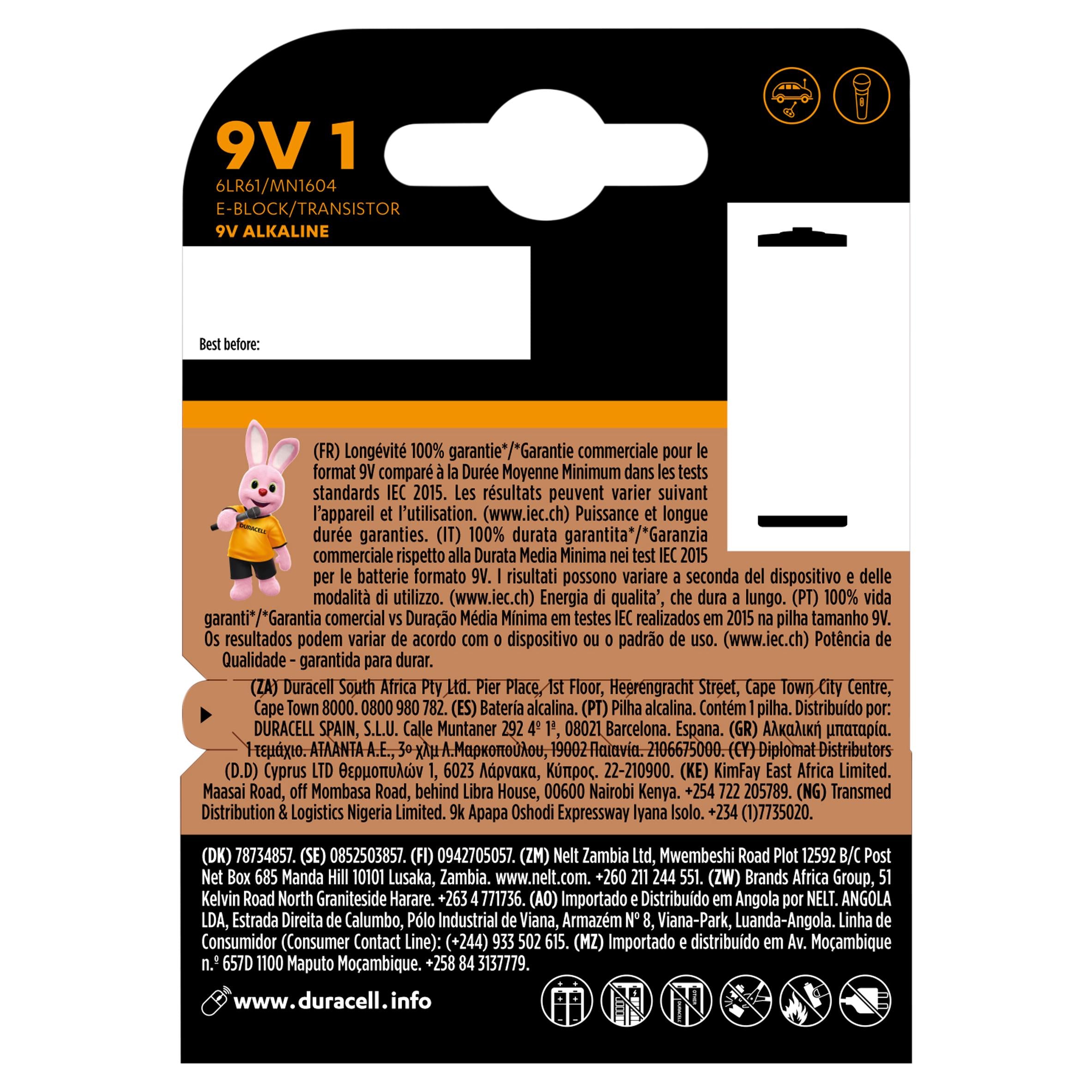 Duracell Plus 9V alkaline battery pack of 1, UK version