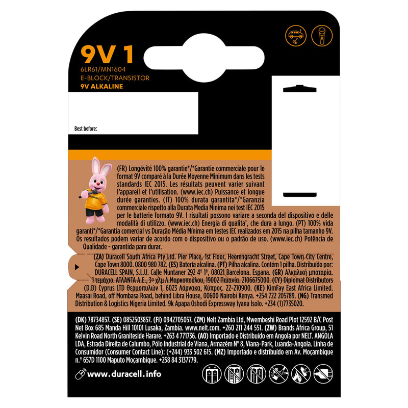 Duracell Plus 9V alkaline battery pack of 1, UK version