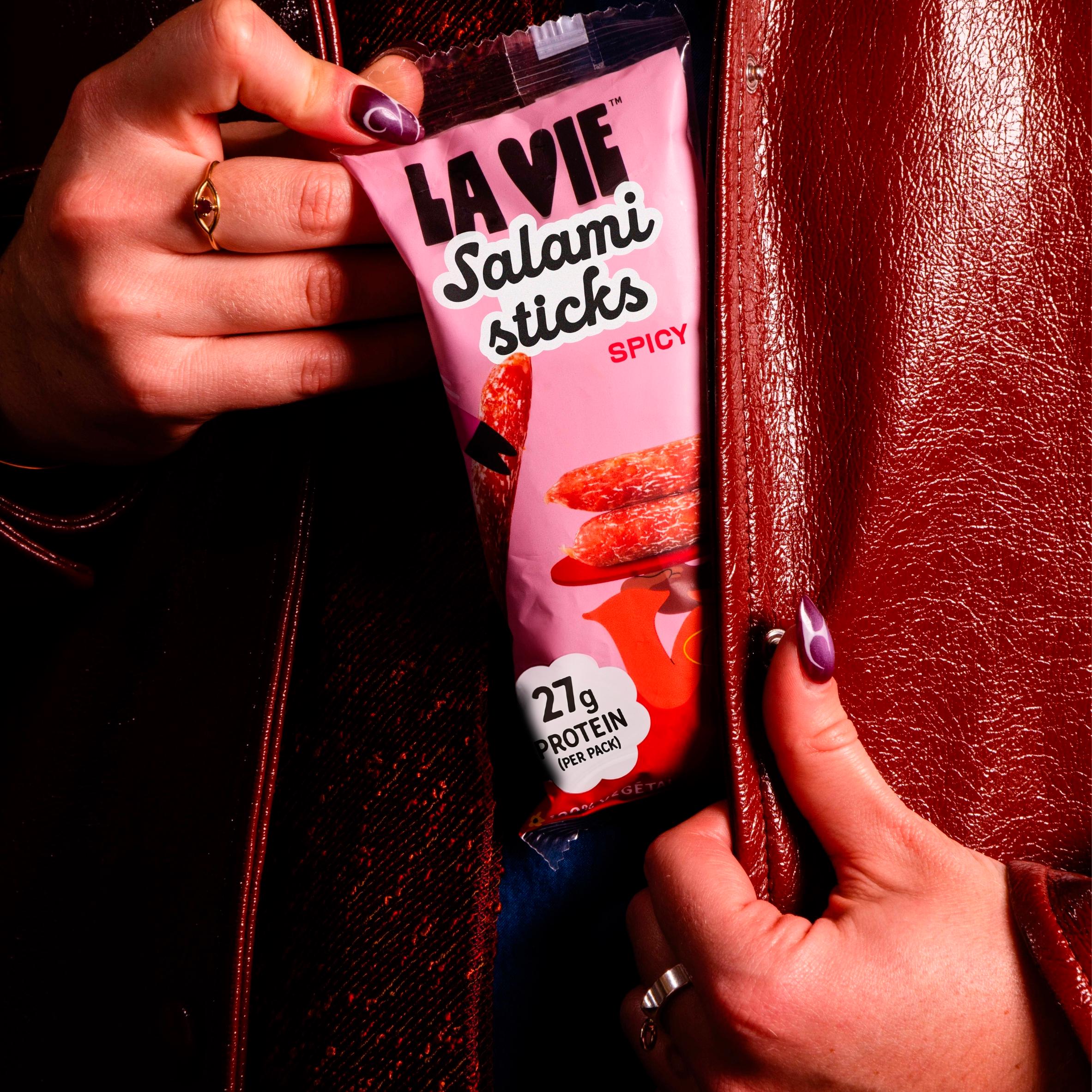 La Vie spicy salami sticks vegan 75g, imported from the UK