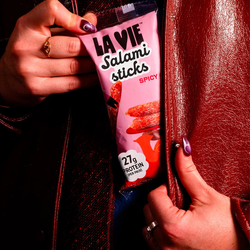 La Vie spicy salami sticks vegan 75g, imported from the UK