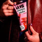 La Vie spicy salami sticks vegan 75g, imported from the UK