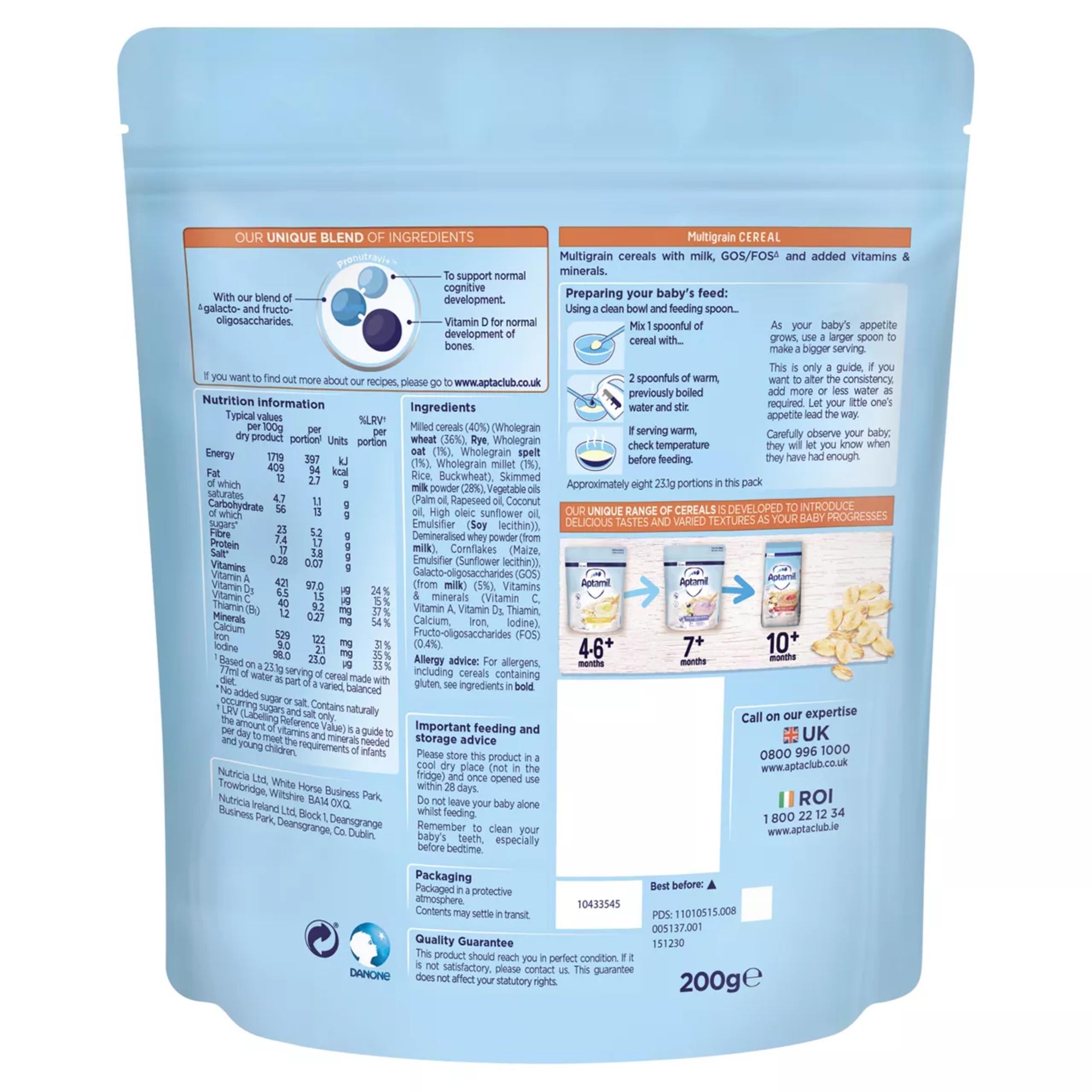 Aptamil multigrain breakfast cereal 200g, imported from the UK