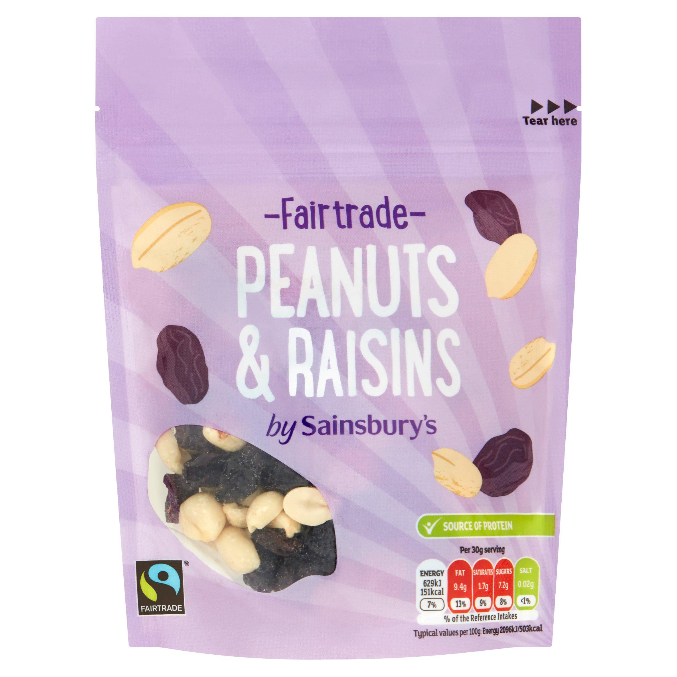 Sainsbury's Fairtrade Peanuts & Raisins snack mix 100g, UK version