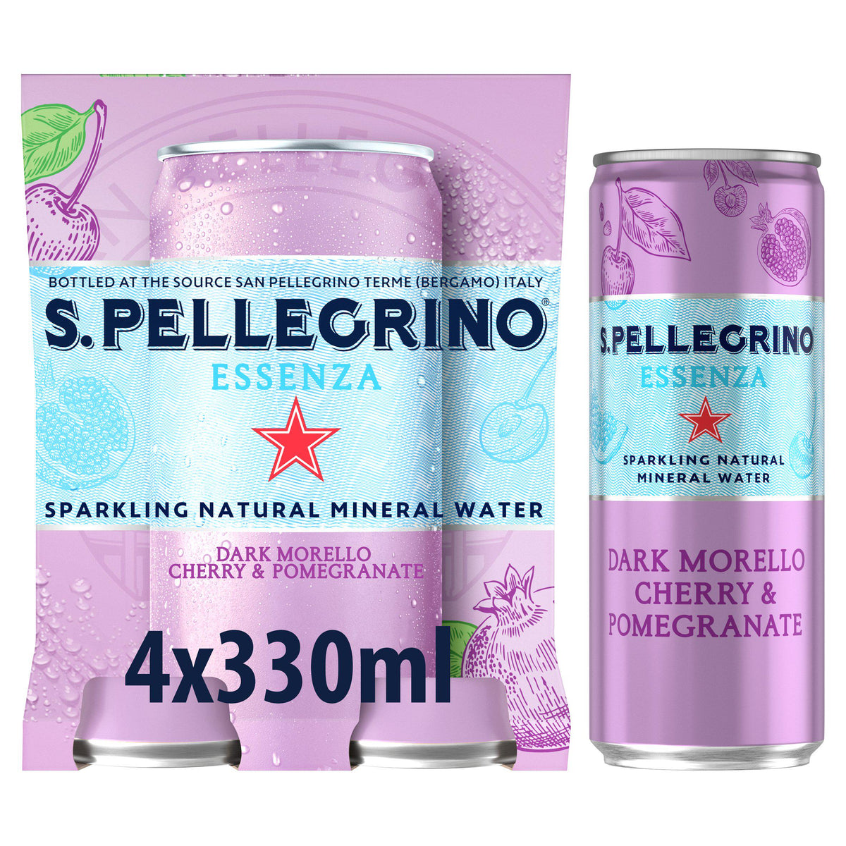 San Pellegrino Essenza sparkling water cherry pomegranate 4x330ml, imported from the UK