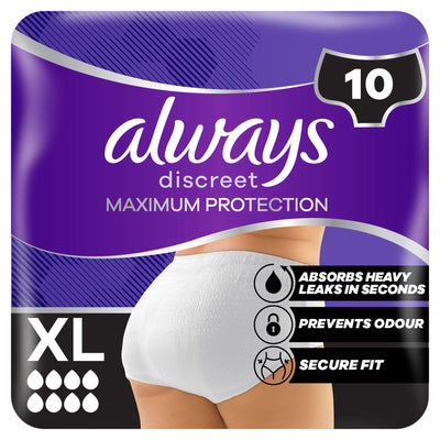 Sainsburys Always Discreet Maximum Protection 8 Drops Incontinence Pants Size XL (10 Pack)- Buy online at McGrocer