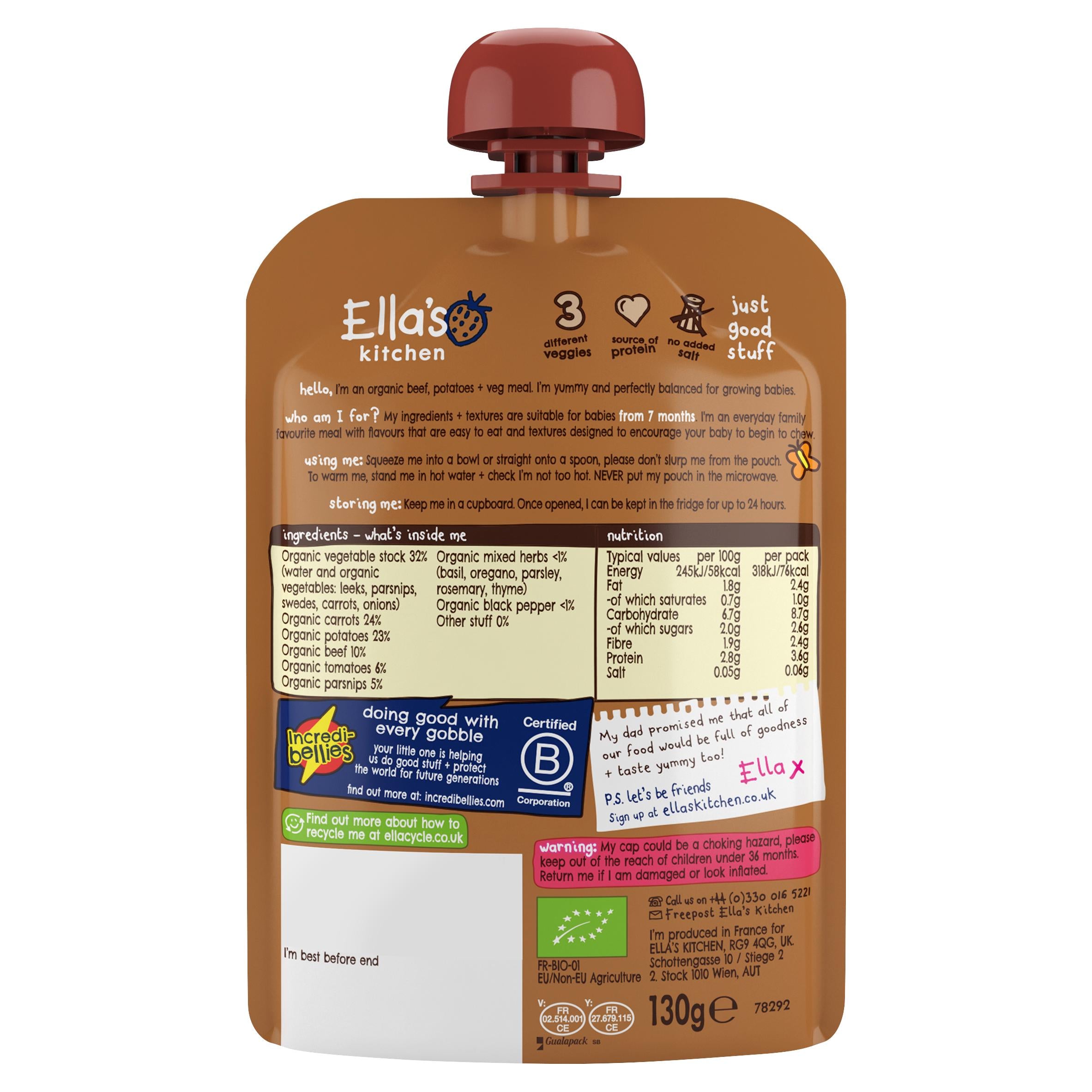 Ella's Kitchen organic beef stew baby food pouch 130g, UK version