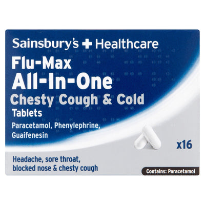 Sainsburys Sainsbury's Flu-Max All-In-One Chesty Cough & Cold Tablets 16 Tablets- Buy online at McGrocer