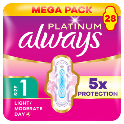Sainsburys Always Platinum Normal Size 1 Sanitary Towels with Wings 28 Count- Buy online at McGrocer