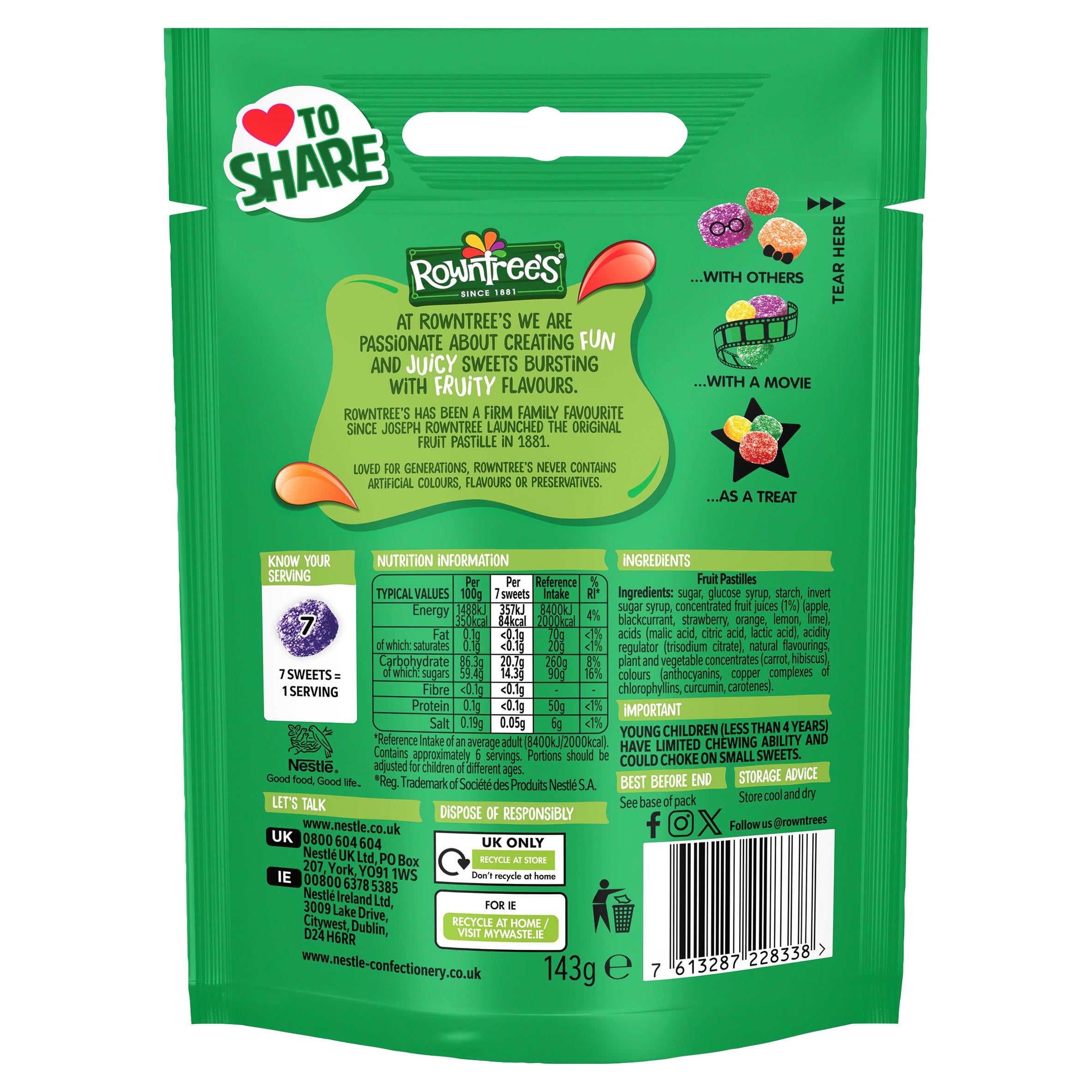 Rowntree's Fruit Pastilles sharing bag 143g (British brand)
