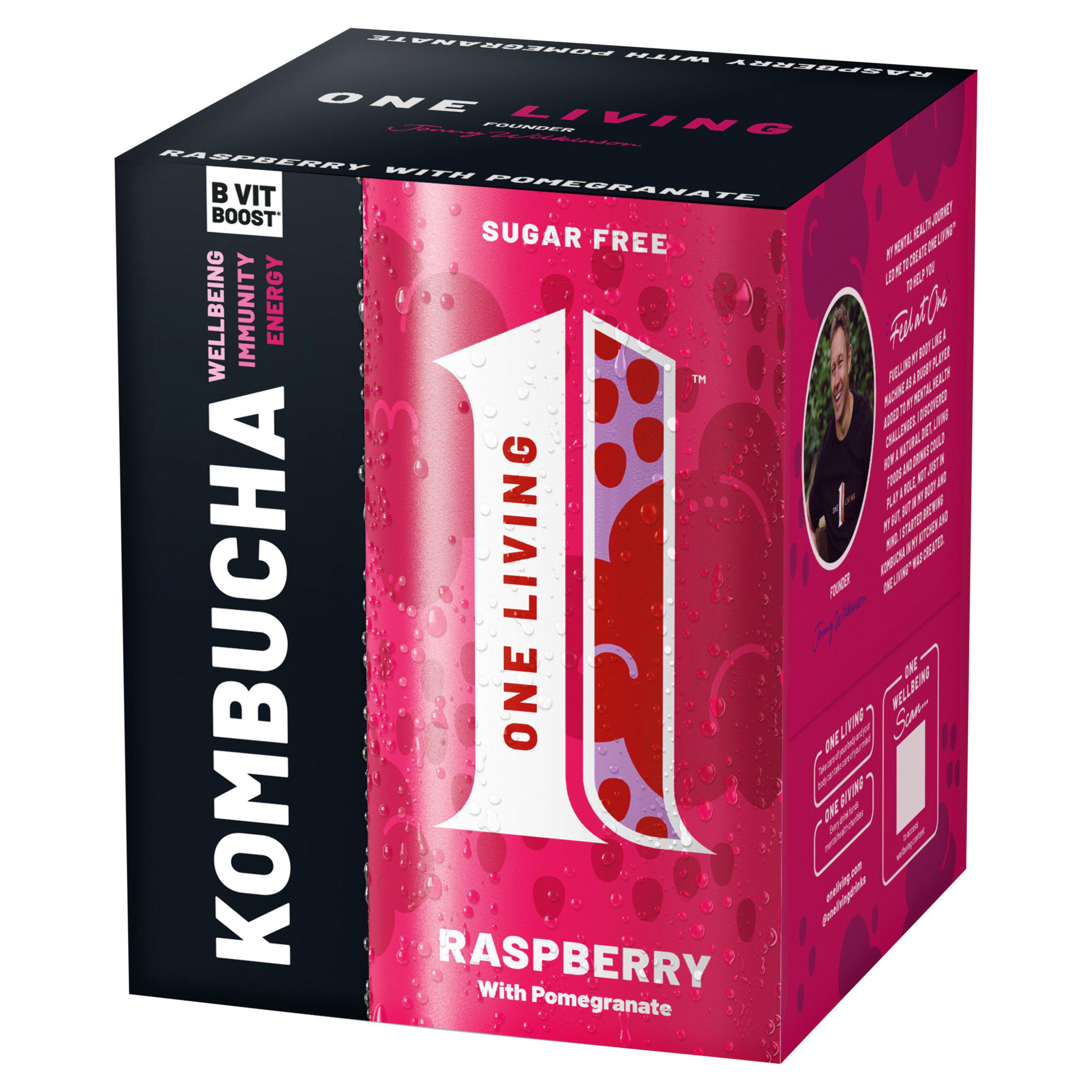 One Living raspberry pomegranate kombucha 4x250ml pack - British product