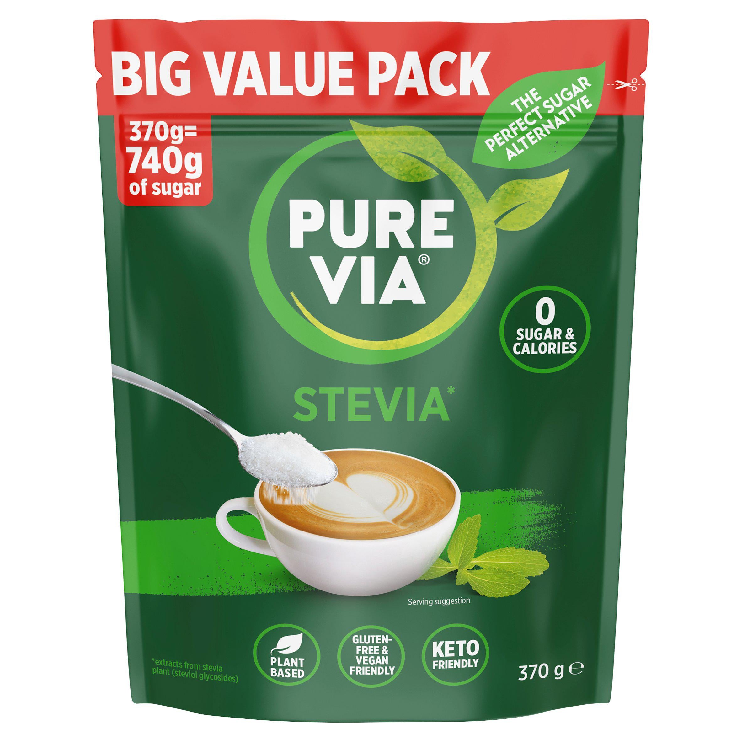 Pure Via Stevia sweetener granules 370g, imported from the UK