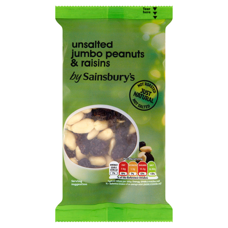 Sainsbury's unsalted jumbo peanuts and raisins snack mix 200g, UK version