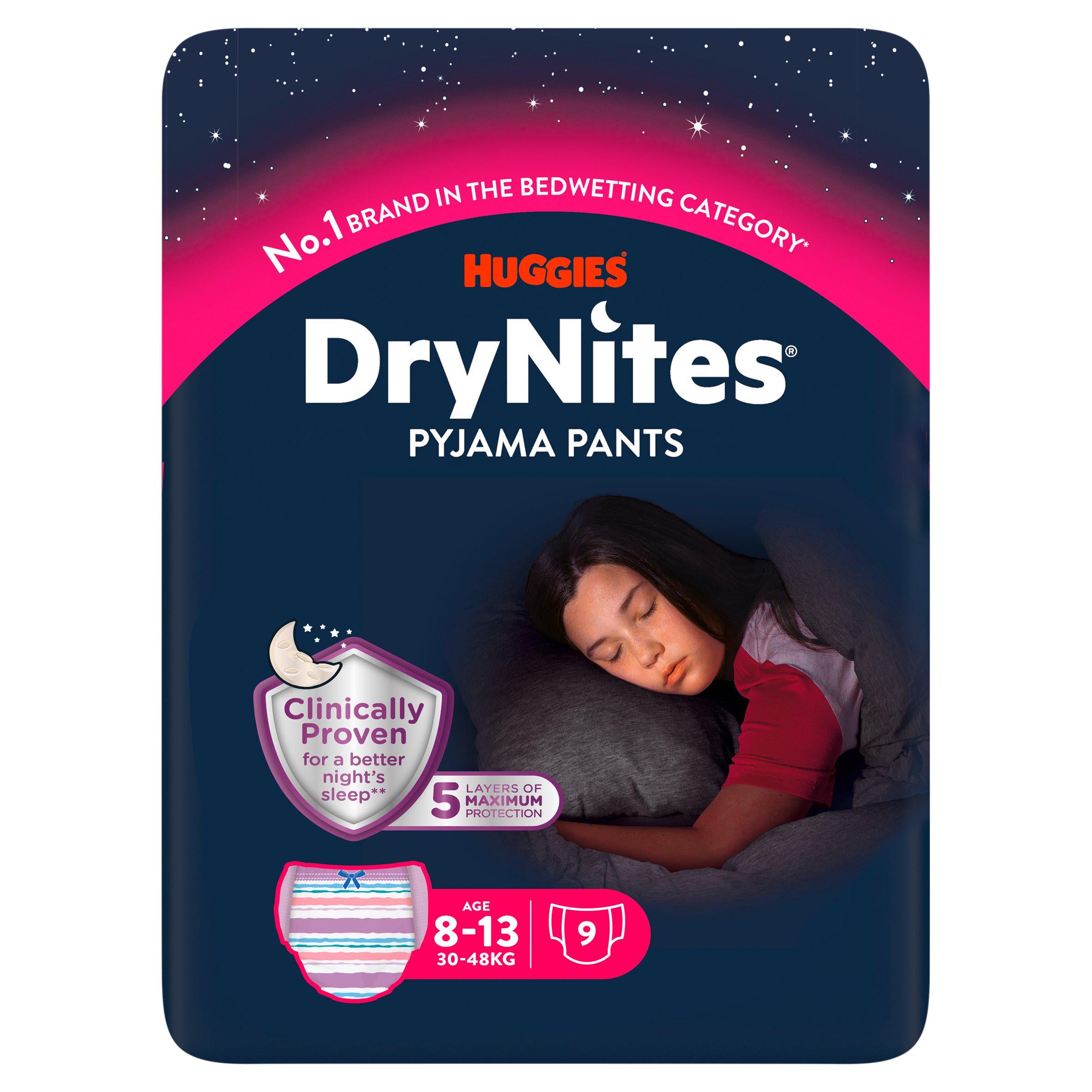 Huggies bedwetting pyjama nappy pants for girls age 8-13, pack of 9, UK version