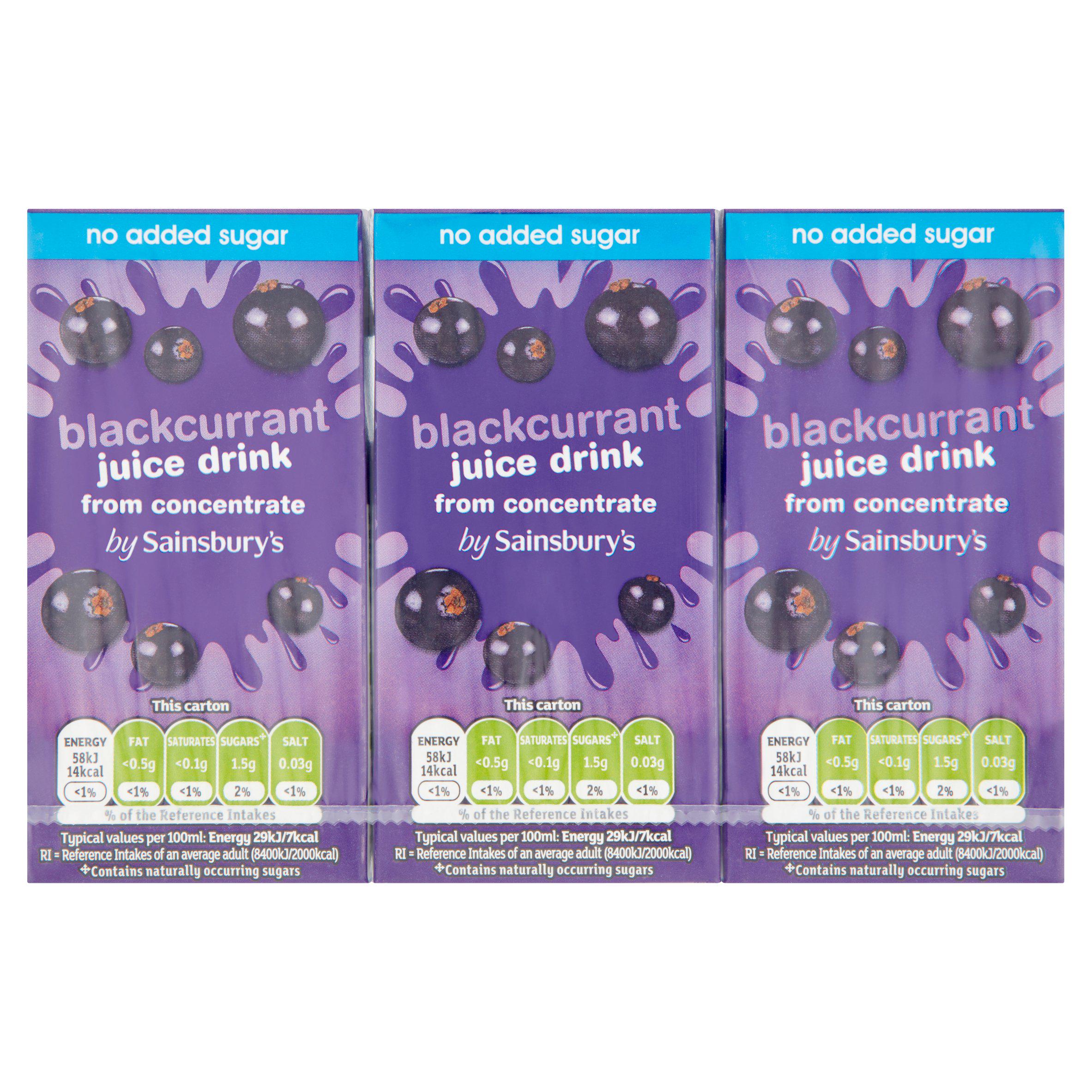 Sainsbury's blackcurrant juice drink no added sugar 3x200ml, imported from the UK