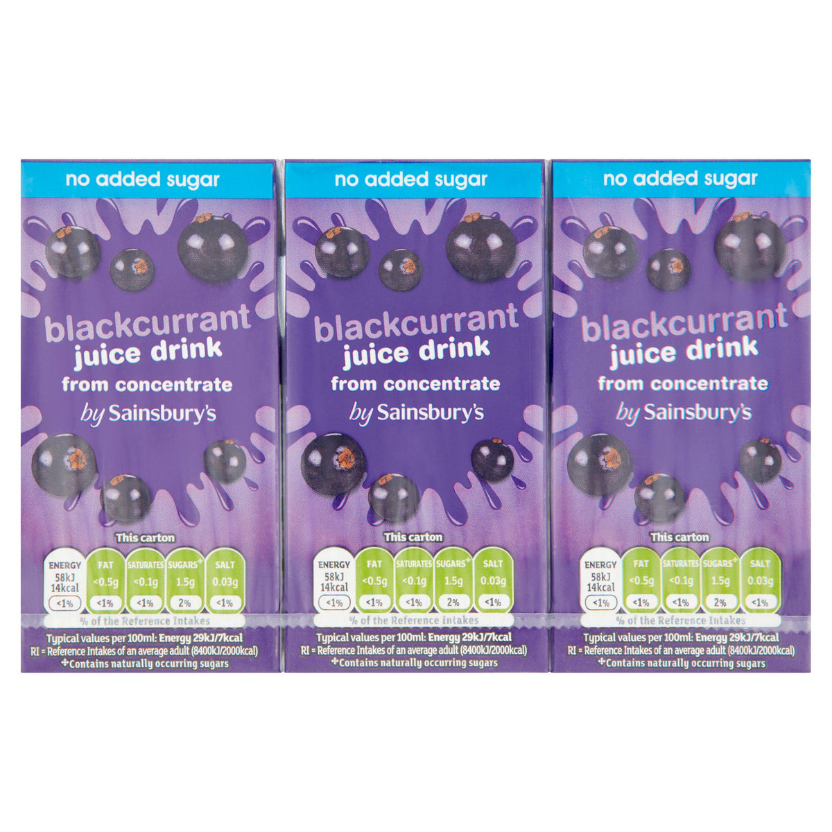 Sainsbury's blackcurrant juice drink no added sugar 3x200ml, imported from the UK