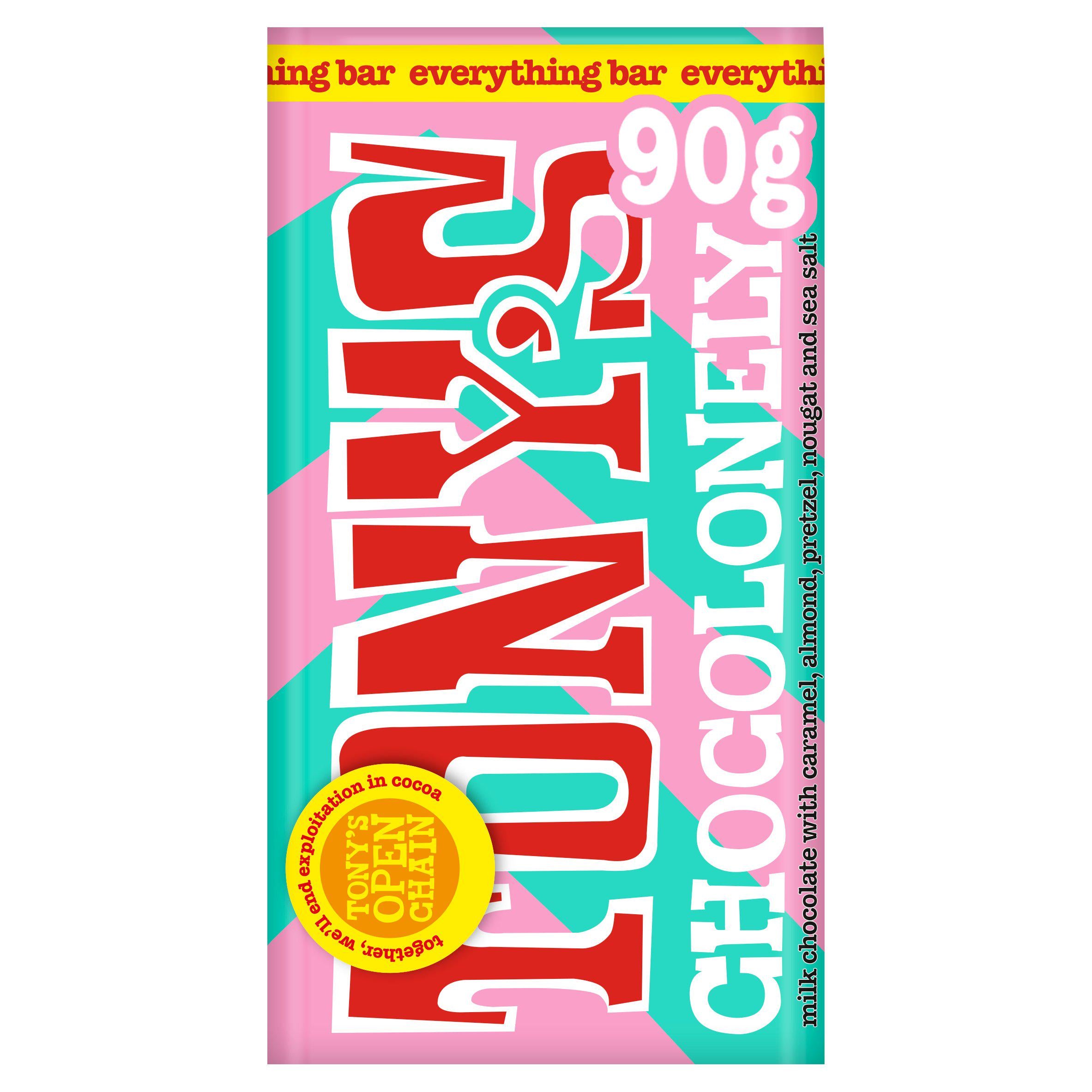 Tony's Chocolonely milk chocolate bar with caramel and pretzel 90g, imported from the UK