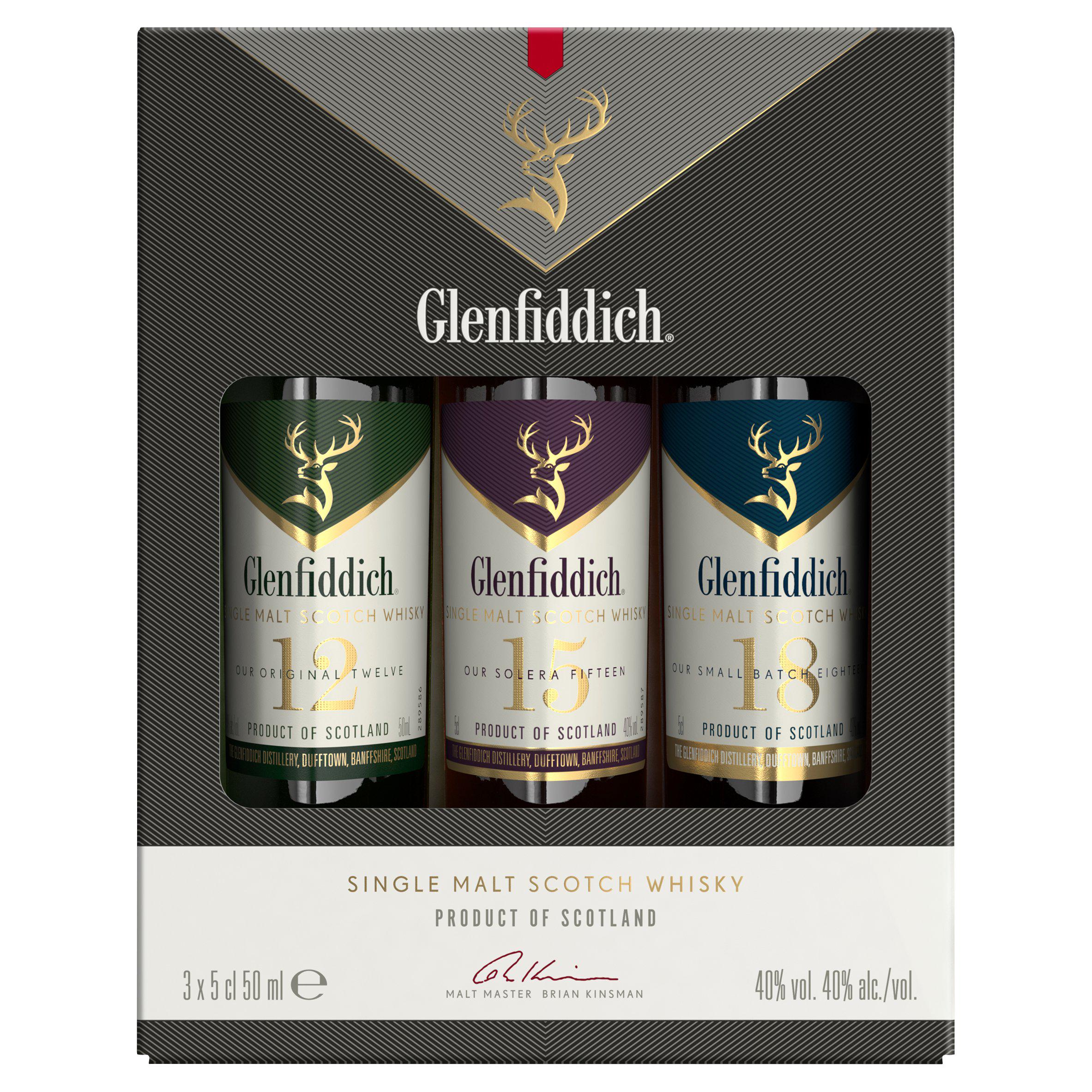 Glenfiddich single malt Scotch whisky gift pack 3x5cl, UK version