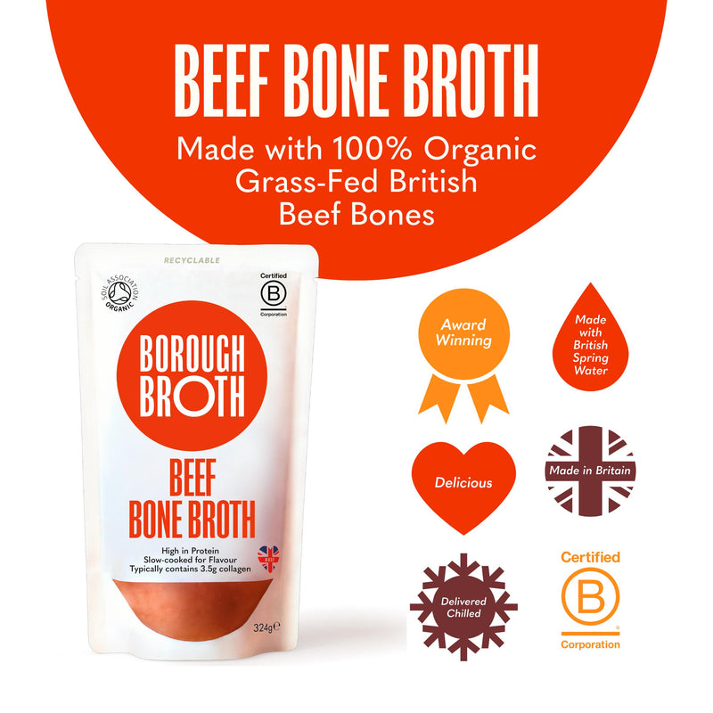 Borough Broth grass fed organic beef bone broth 324g (British brand)