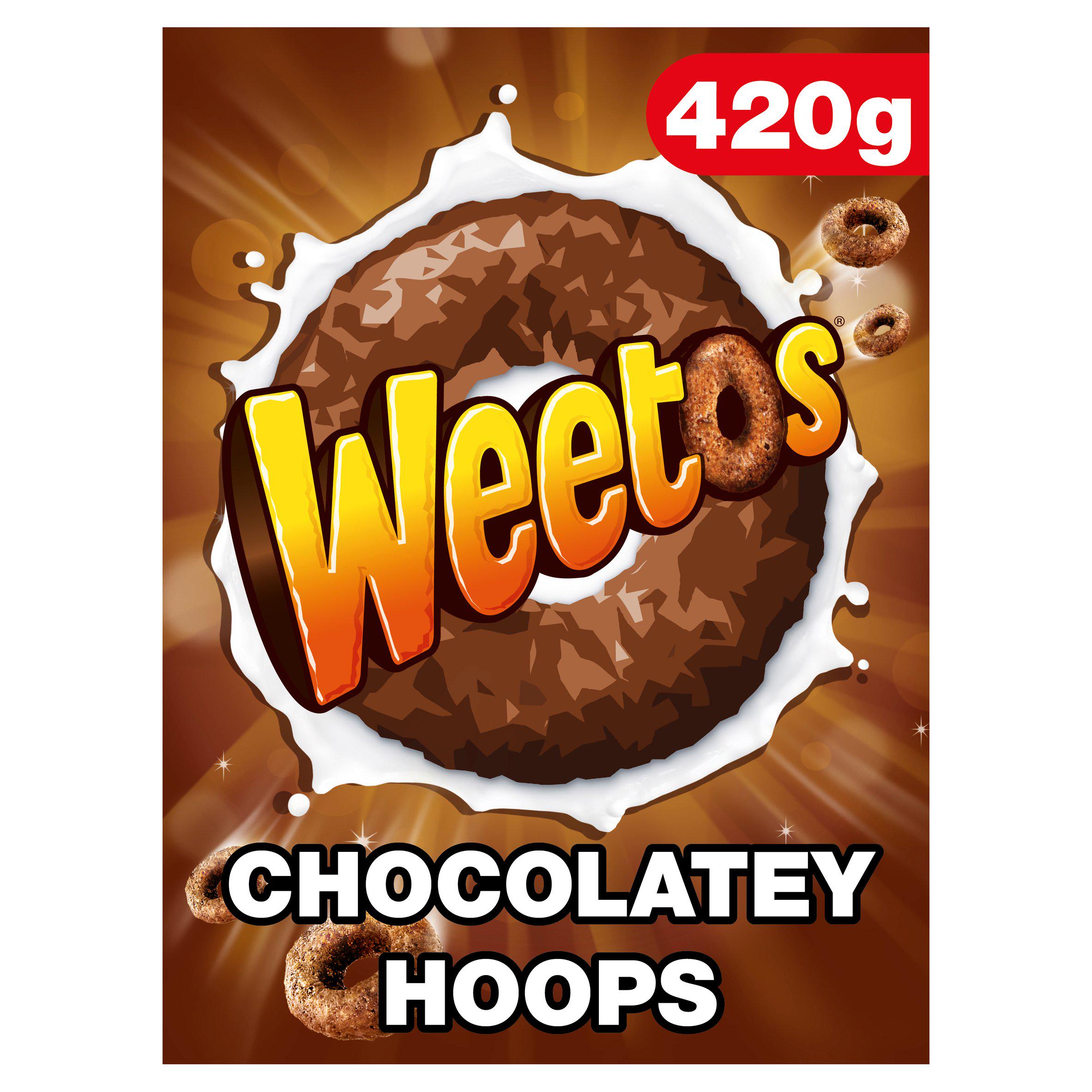 Weetos chocolatey hoops breakfast cereal 420g, imported from the UK