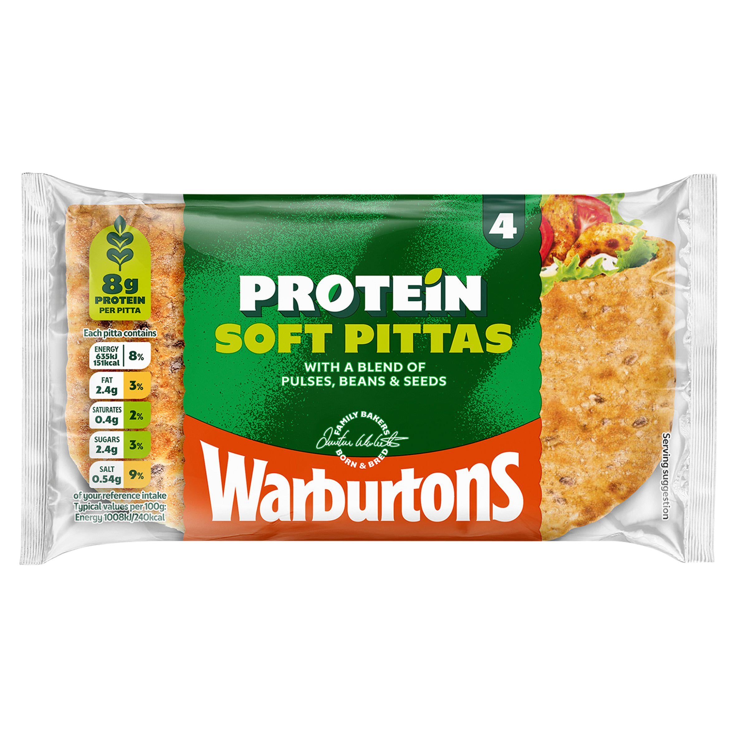 Warburtons protein soft pittas high fibre pack of four (British brand)