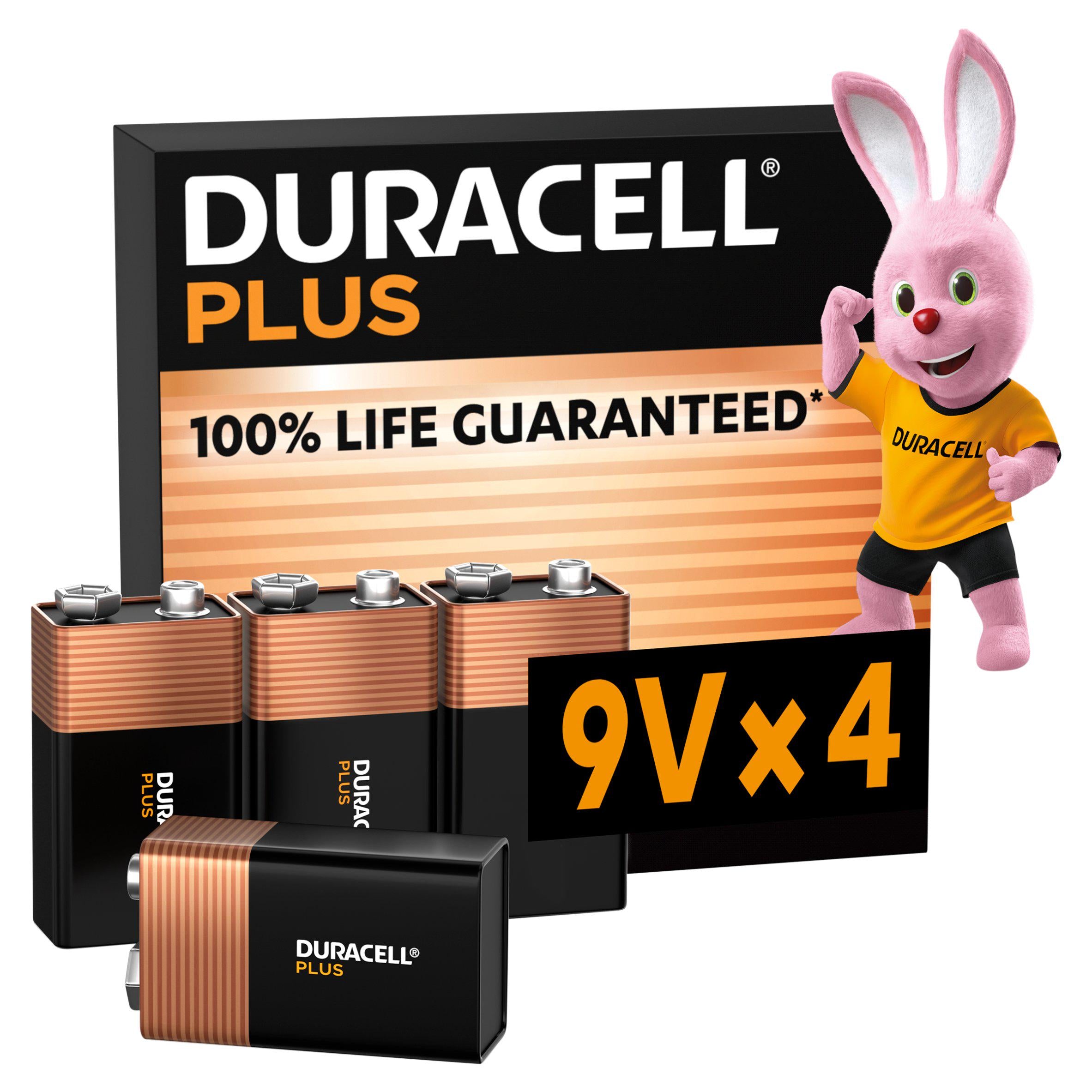 Duracell Plus 9V alkaline battery pack of 4 - British product