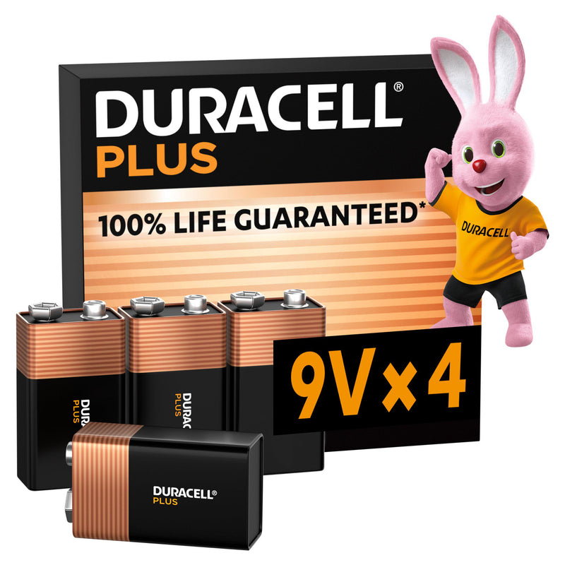 Duracell Plus 9V alkaline battery pack of 4 - British product